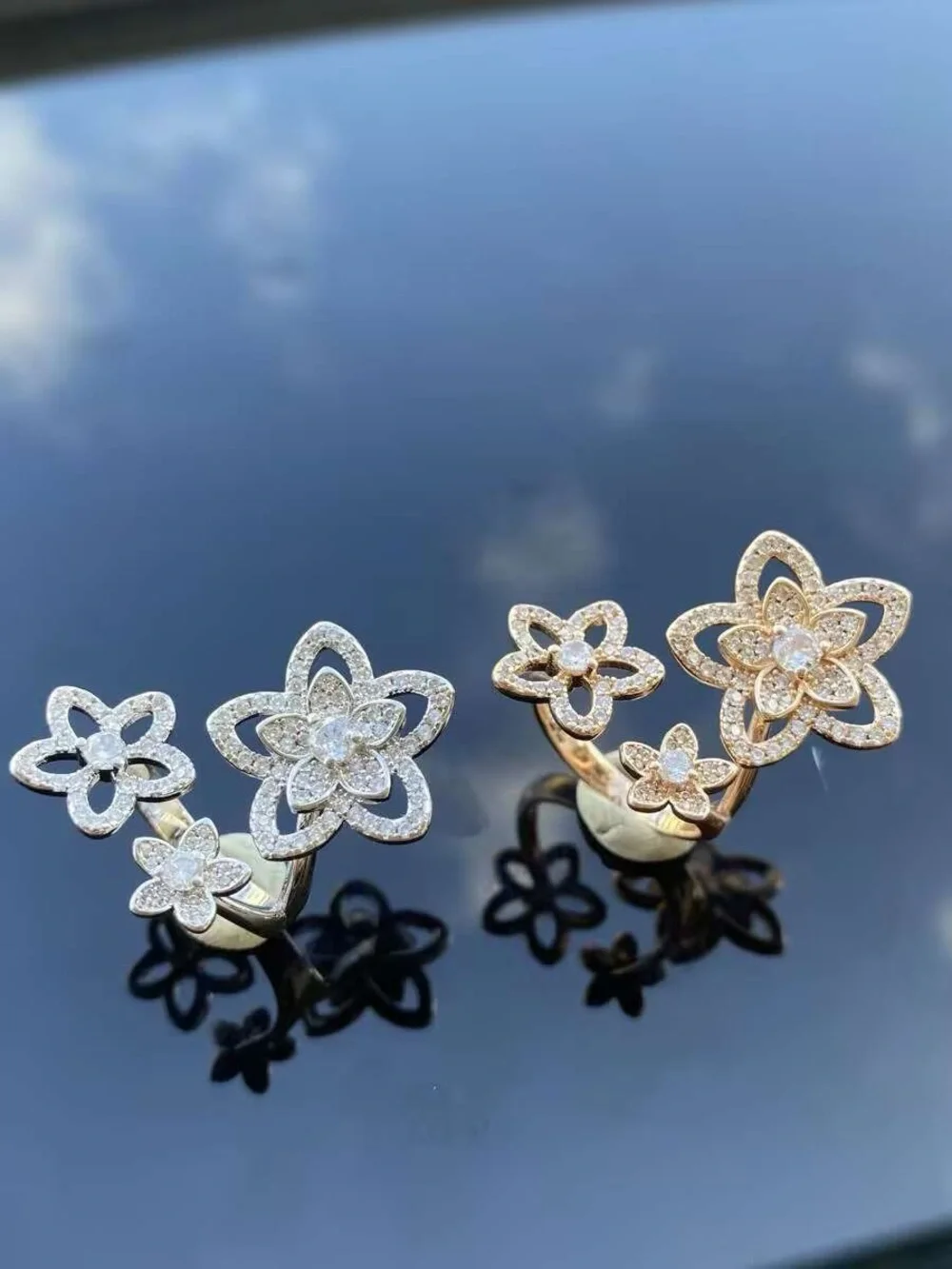 Sparkling Triple Flower Ring in Gold or Silver